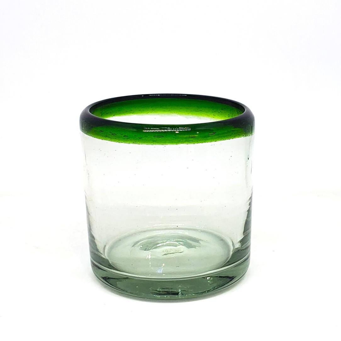 VIDRIO SOPLADO / Juego de 6 vasos roca con borde verde esmeralda / stos artesanales vasos le darn un toque clsico a su bebida favorita en las rocas.